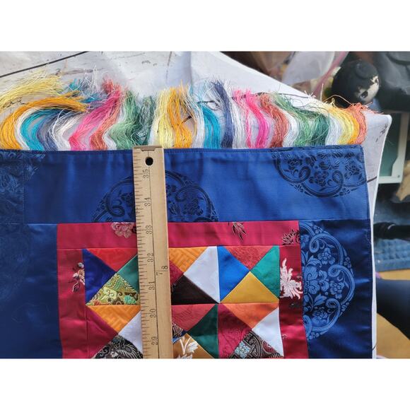 Silk Multi Color Triangle Quilted Table Runner With Fringe Possibly Handmade 36" - Picture 10 of 13